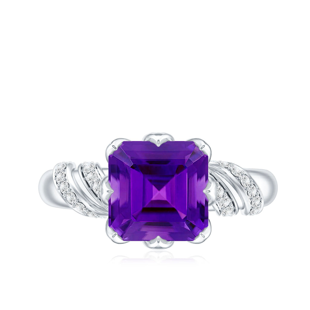 Vintage Looking 3 Carat Amethyst Asscher Cut Engagement Ring with Diamond