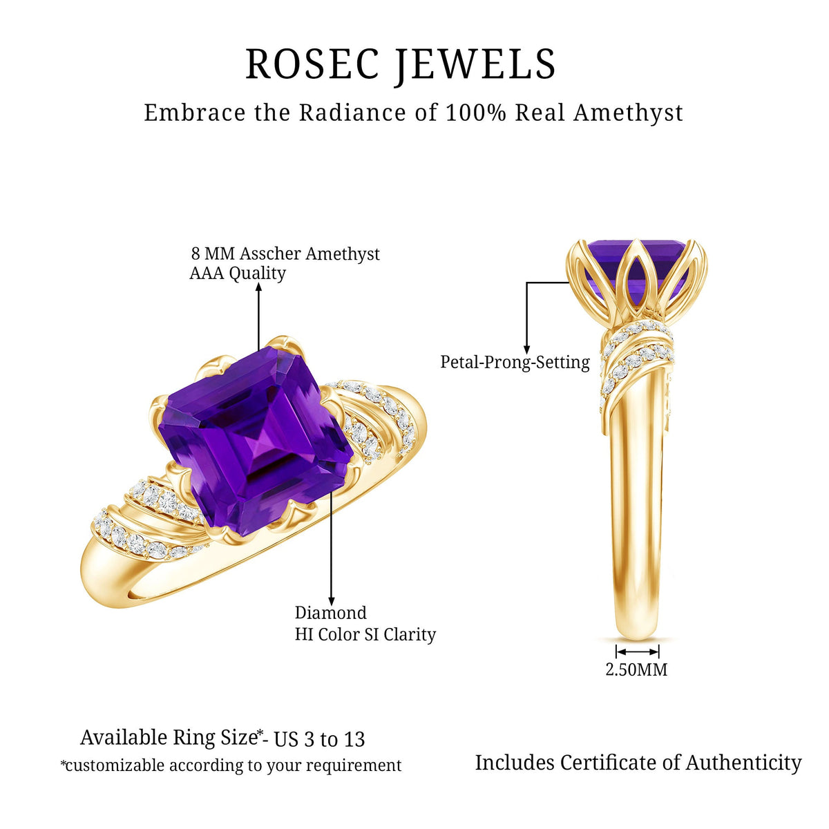 Vintage Looking 3 Carat Amethyst Asscher Cut Engagement Ring with Diamond