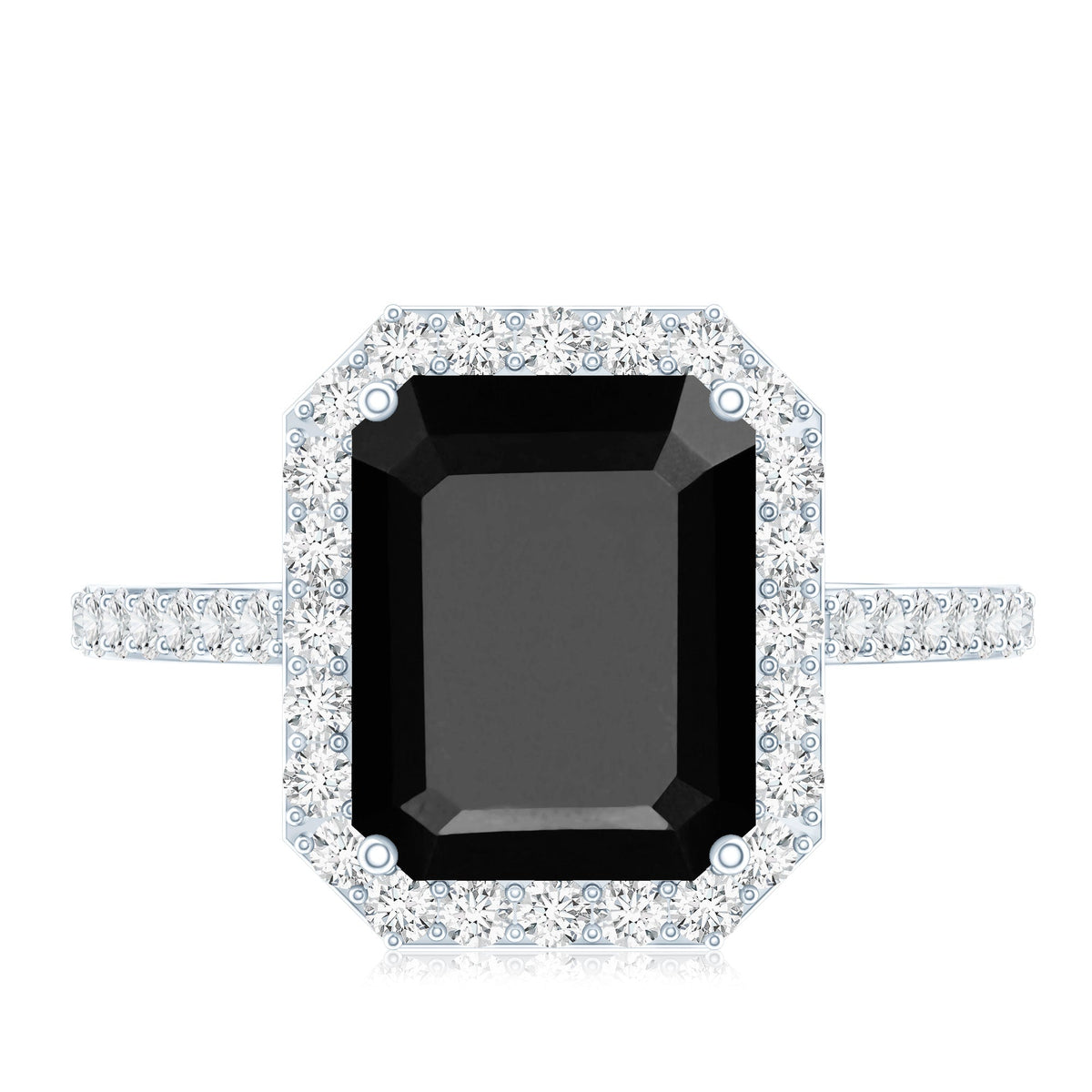 3.4 Carat Lab Grown Black Diamond Emerald Cut Engagement Ring with White Diamond Halo