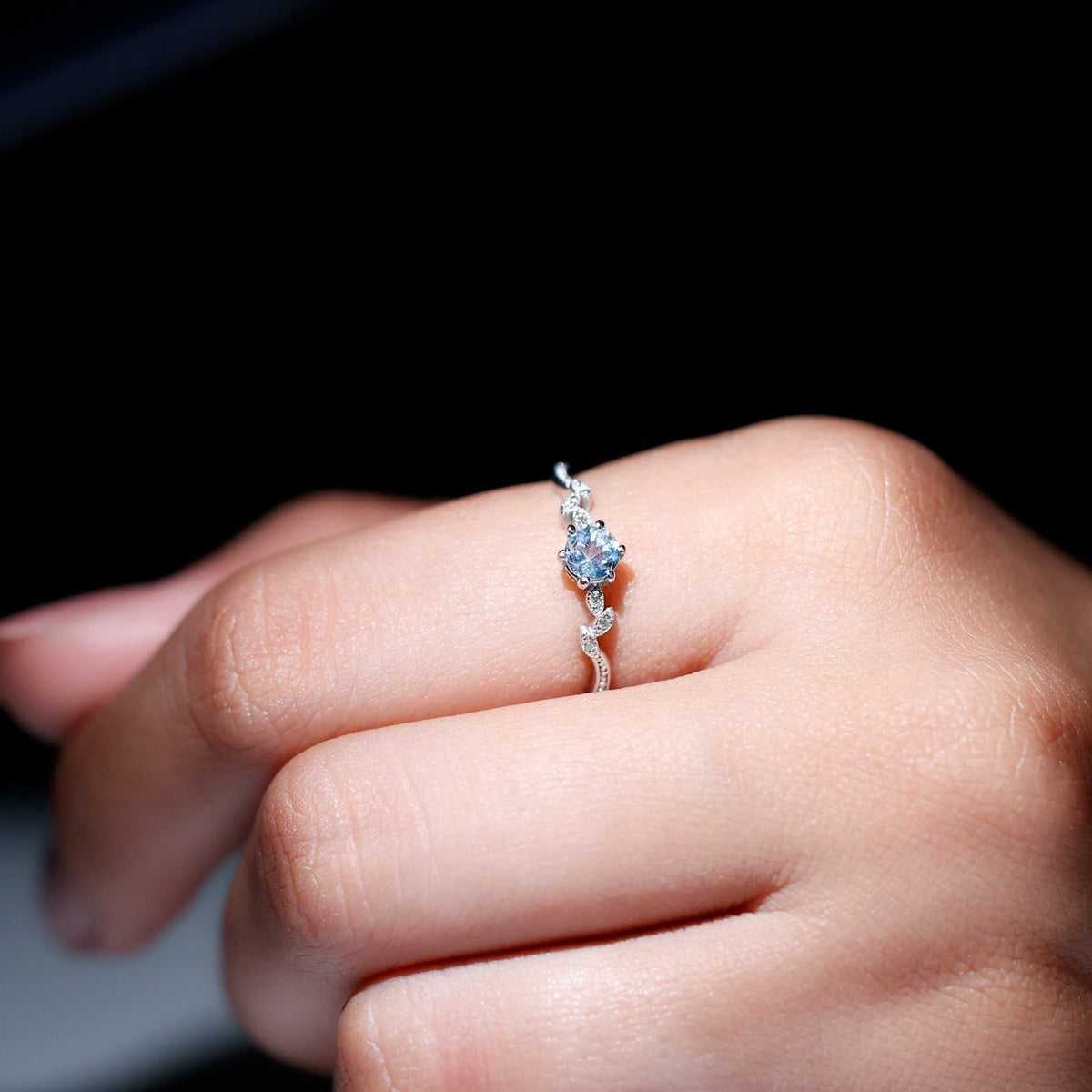 Round Aquamarine Diamond Nature Inspired Promise Ring