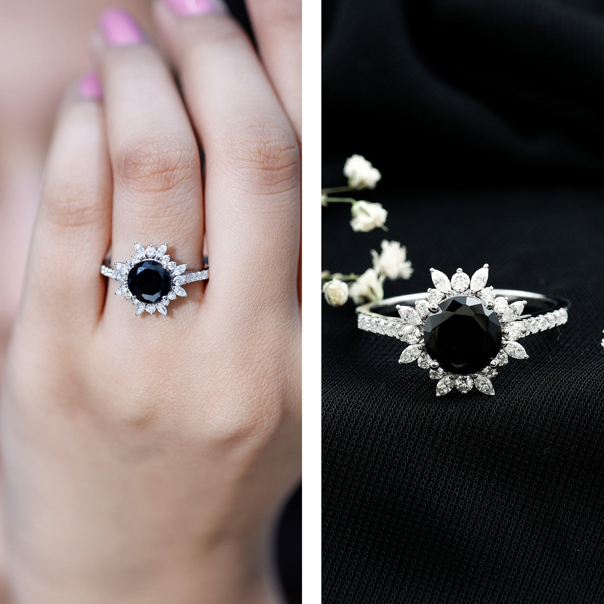 Certified Black Onyx and Moissanite Statement Engagement Ring