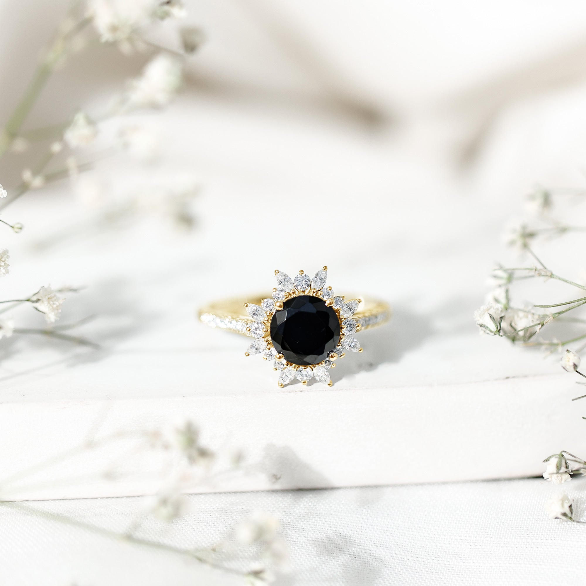 Certified Black Onyx and Moissanite Statement Engagement Ring
