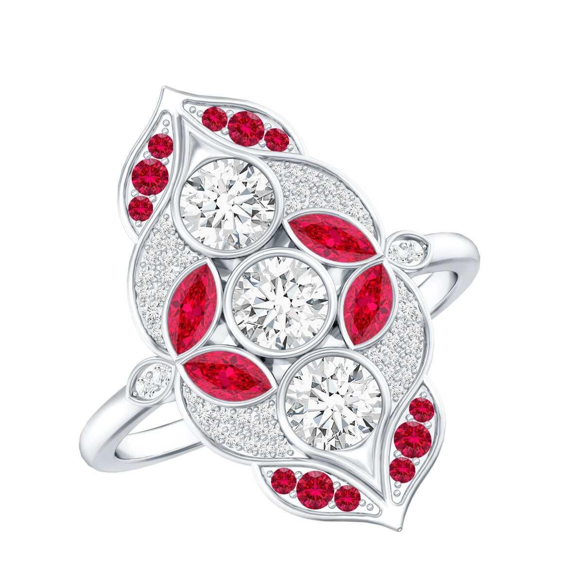 Certified Lab Grown Ruby Art Deco Statement Ring with Moissanite