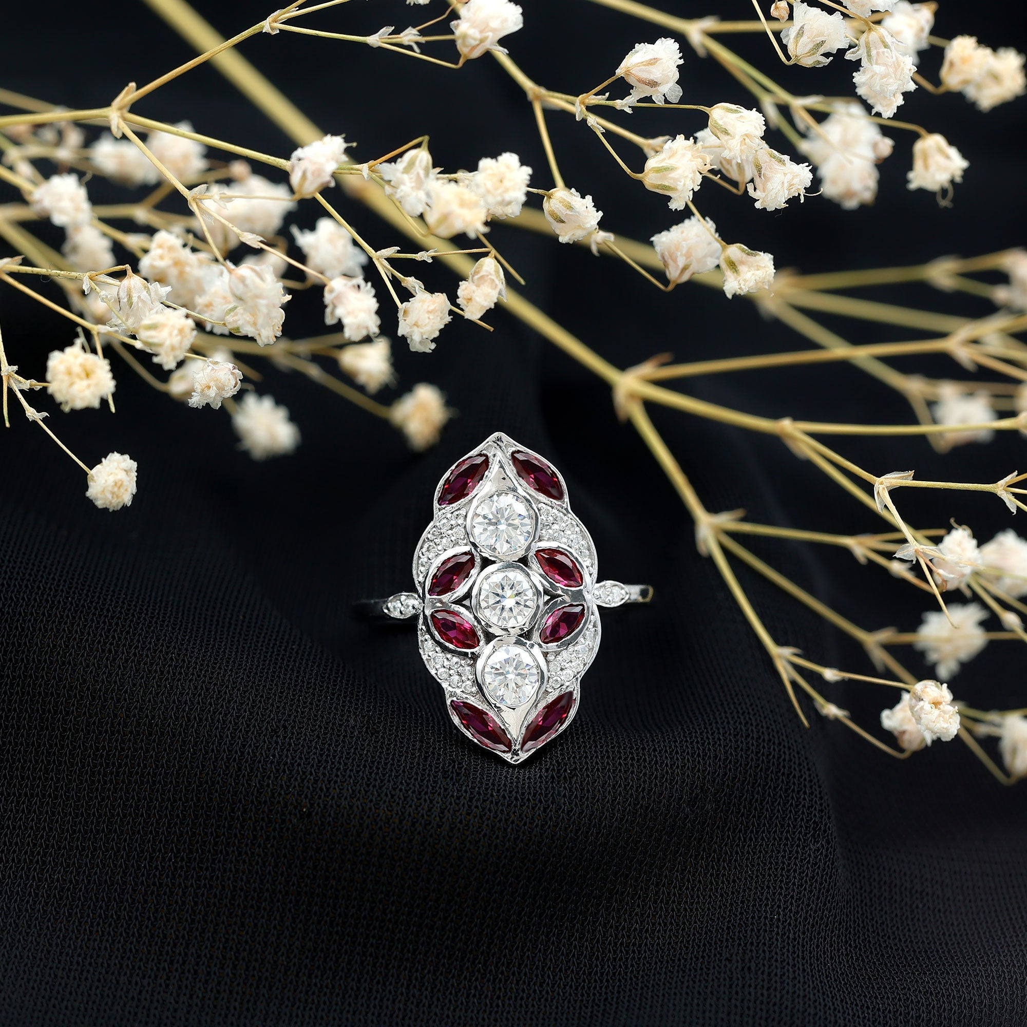 Certified Lab Grown Ruby Art Deco Statement Ring with Moissanite