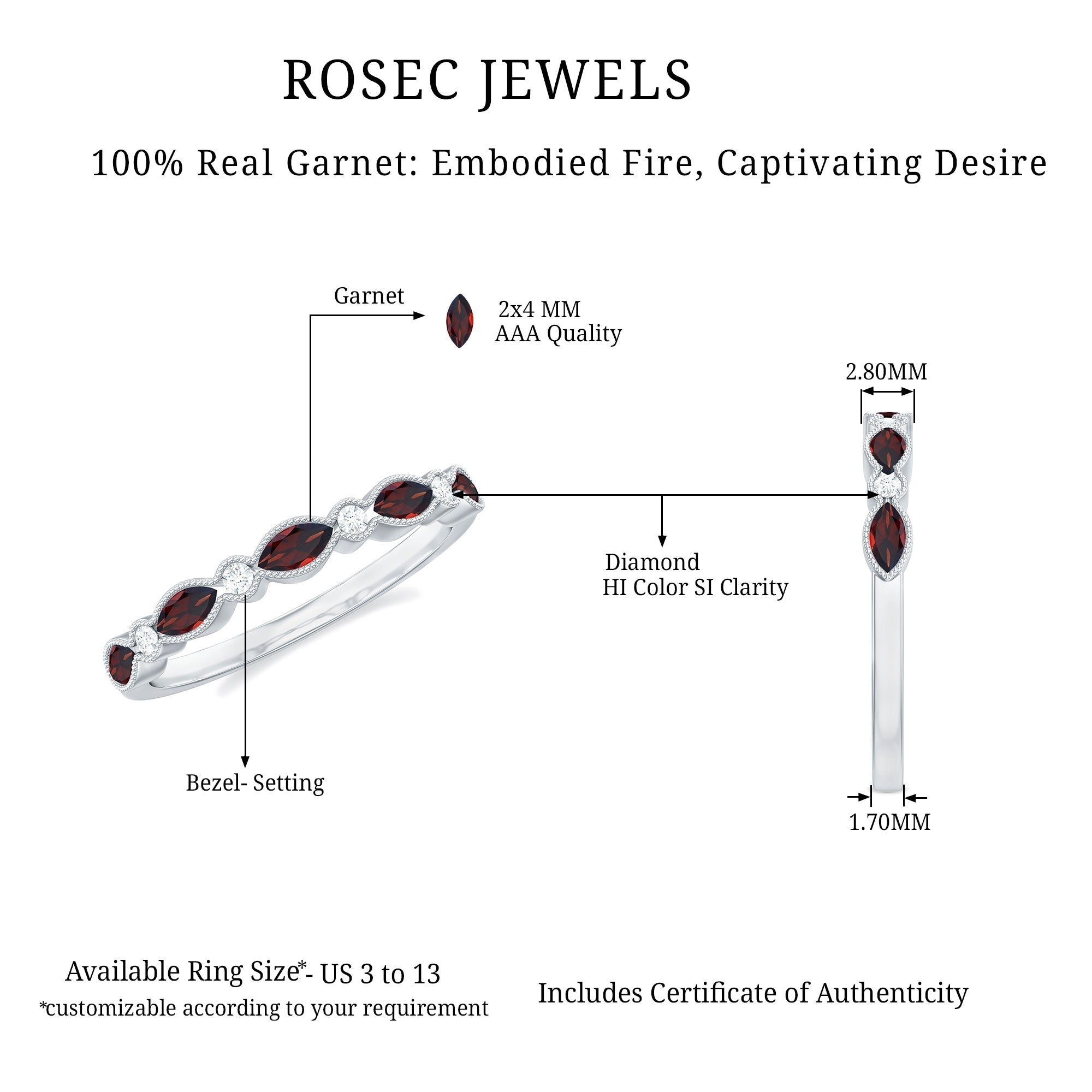 Natural Marquise Garnet Diamond Half Eternity Ring for Anniversary