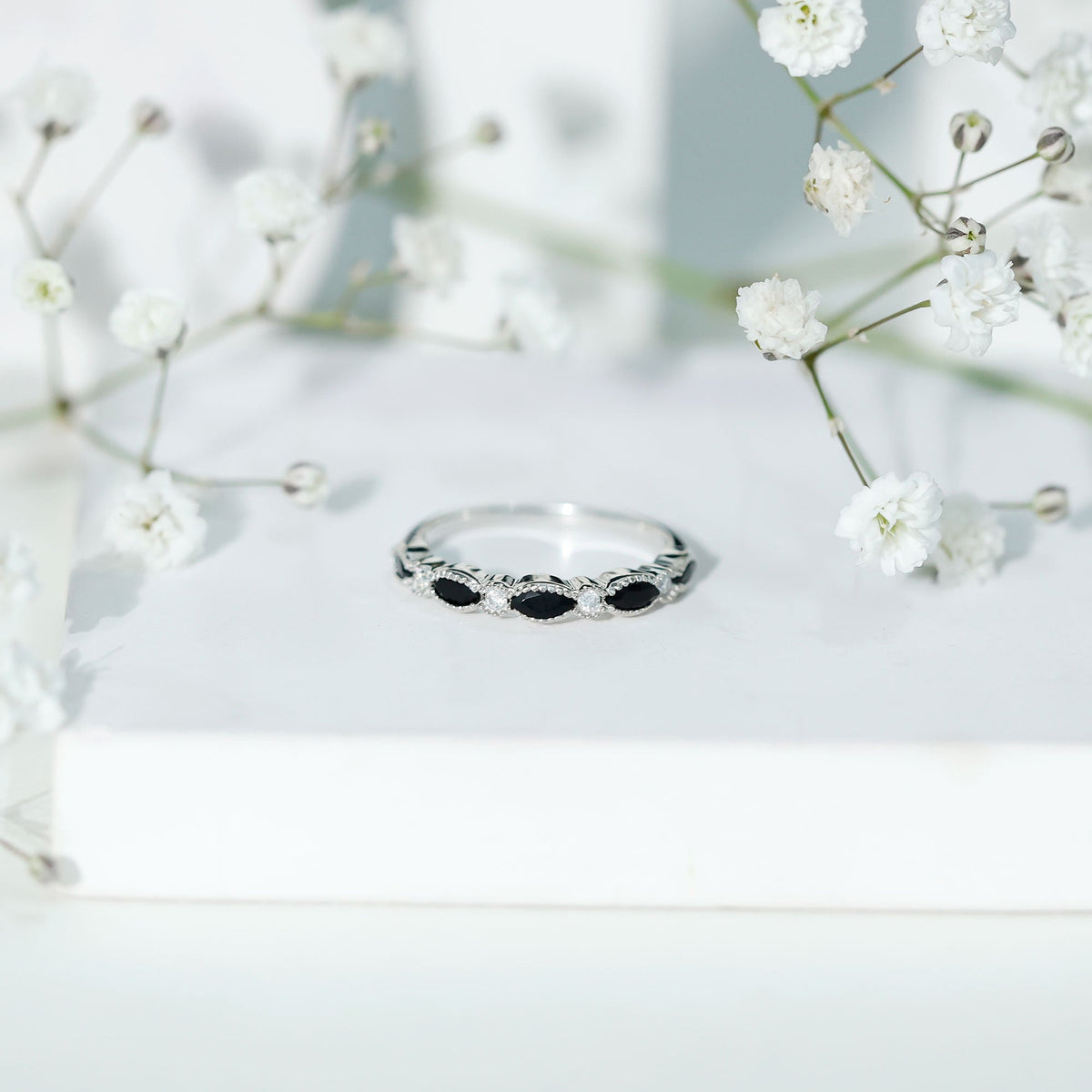 Certified Black Onyx Half Eternity Ring with Moissanite