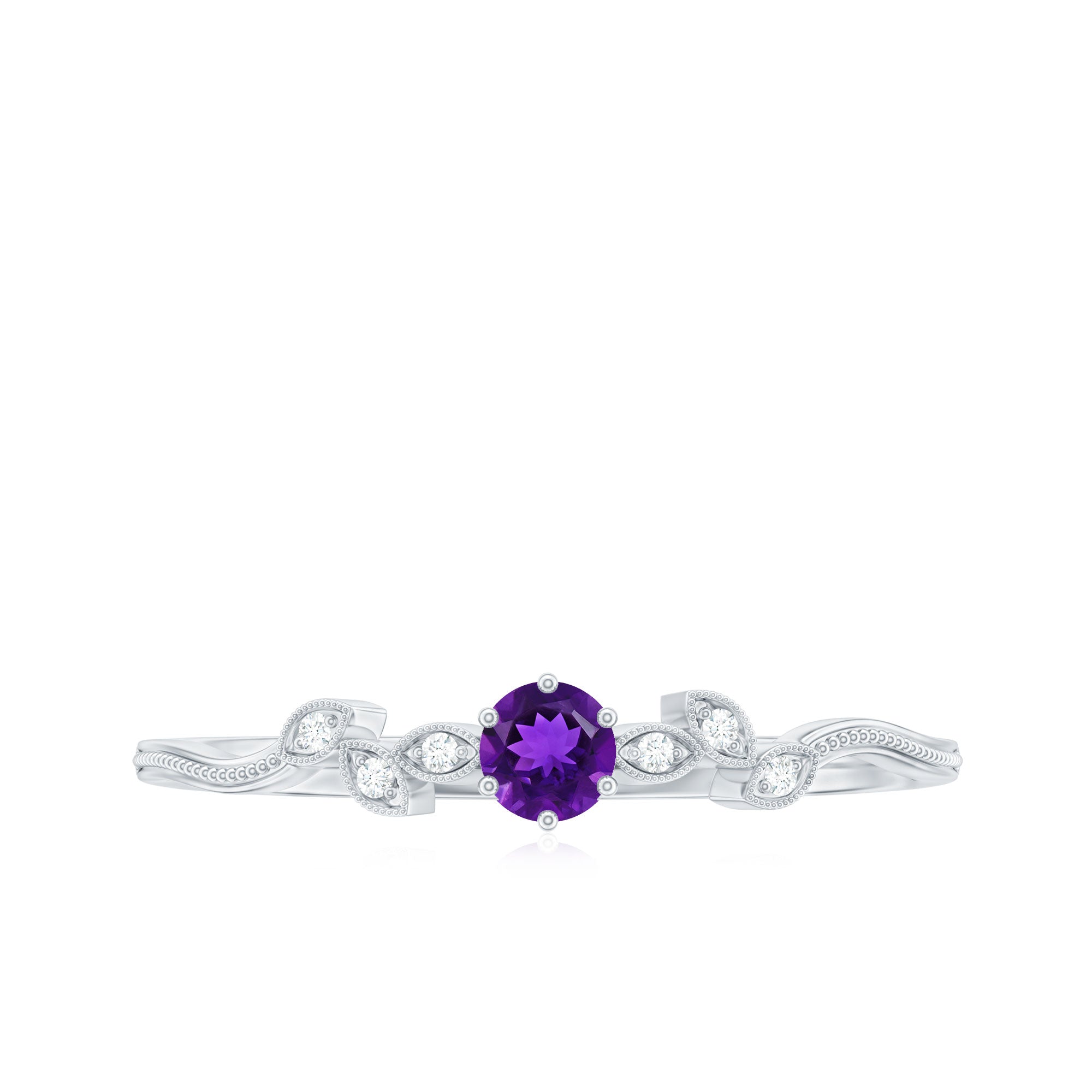 Amethyst and Diamond Leaf Promise Ring with Beaded Detailing