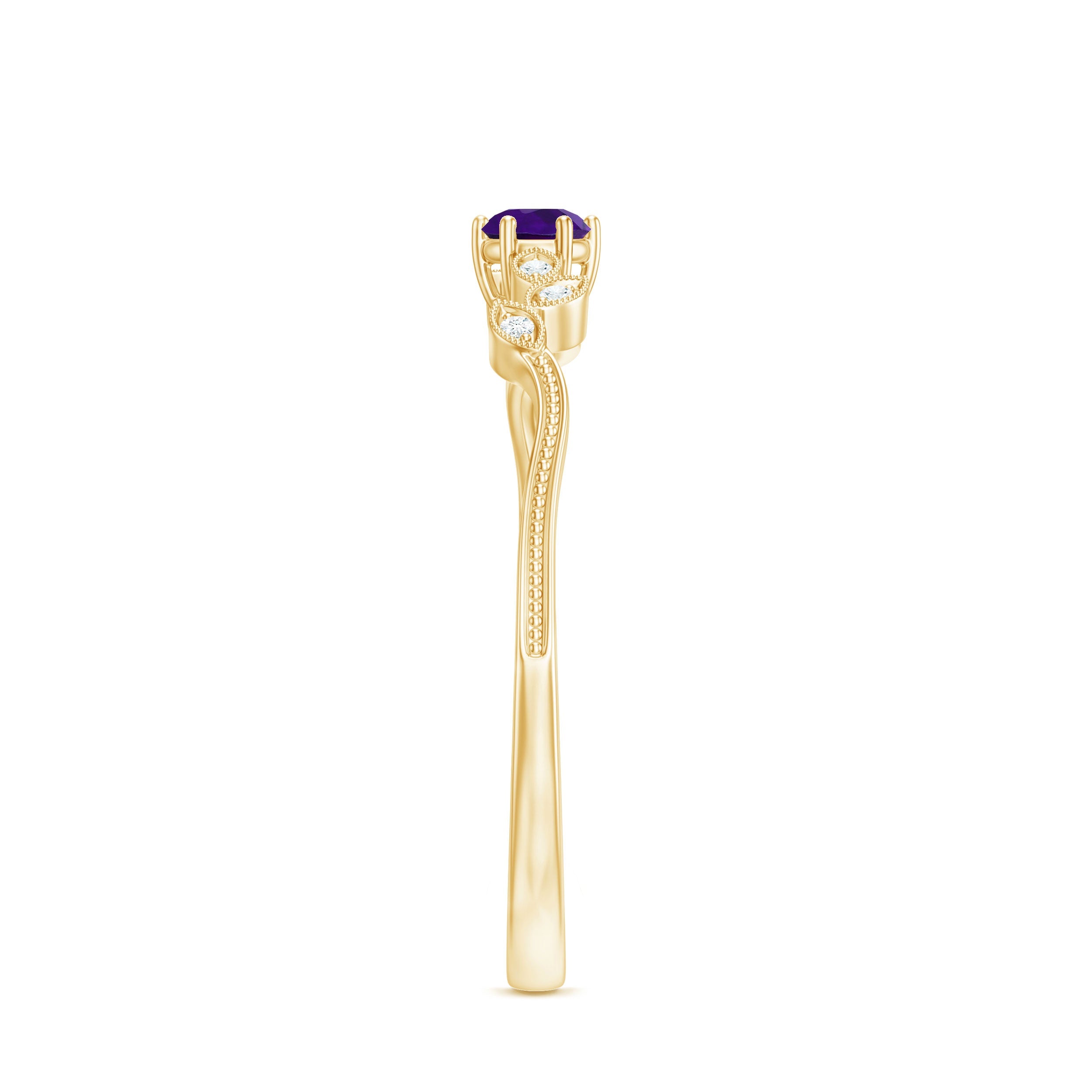 Amethyst and Diamond Leaf Promise Ring with Beaded Detailing