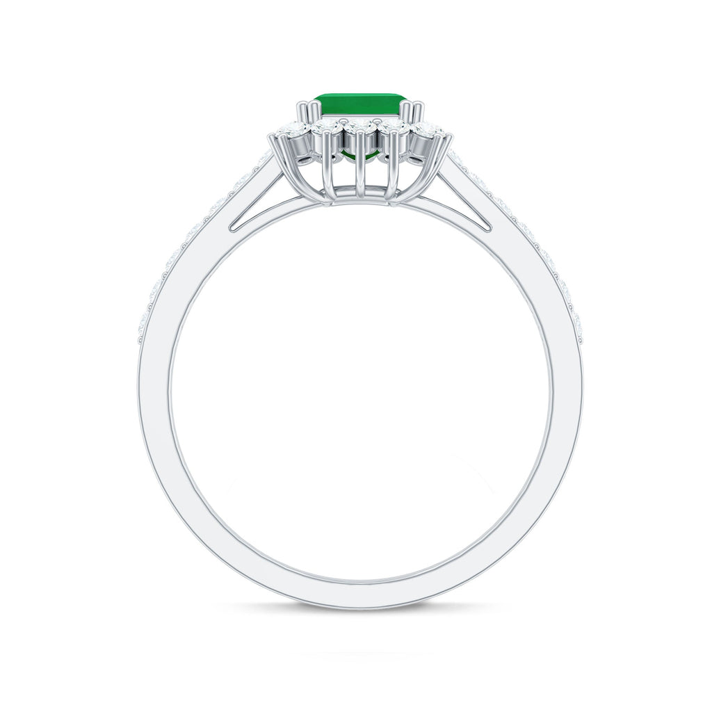 Natural Emerald Cut Emerald Engagement Ring with Diamond Halo