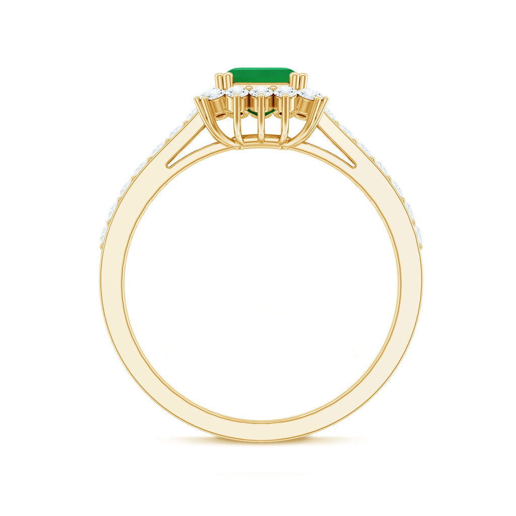 Natural Emerald Cut Emerald Engagement Ring with Diamond Halo