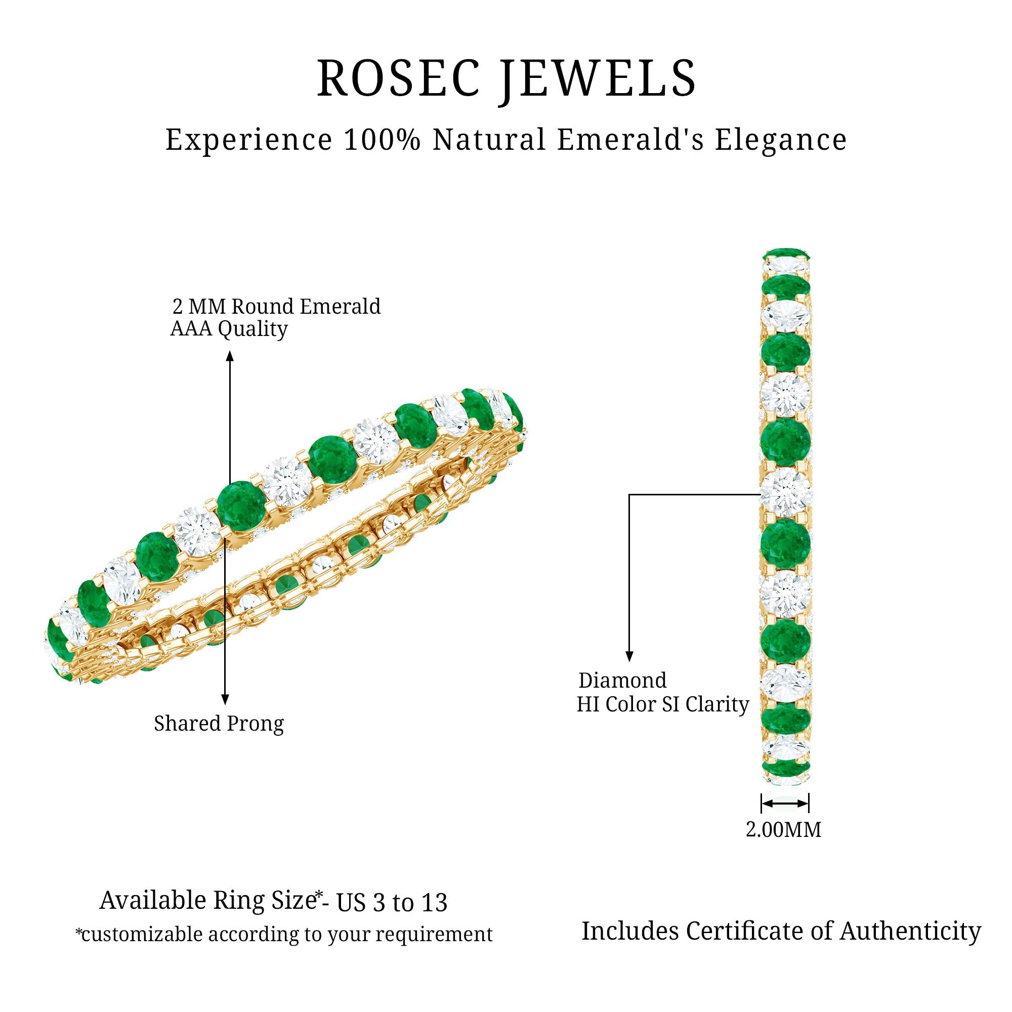 Alternate Round Emerald and Diamond Eternity Stackable Ring