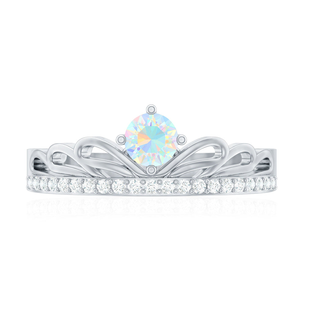 Natural Ethiopian Rainbow Opal Crown Promise Ring with Diamond