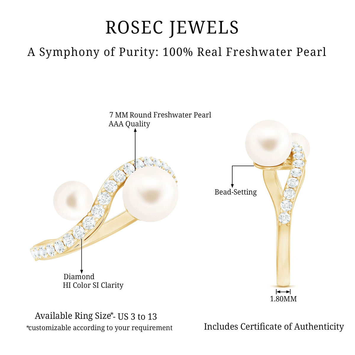 Natural Freshwater Pearl Toi Et Moi Engagement Ring with Diamond