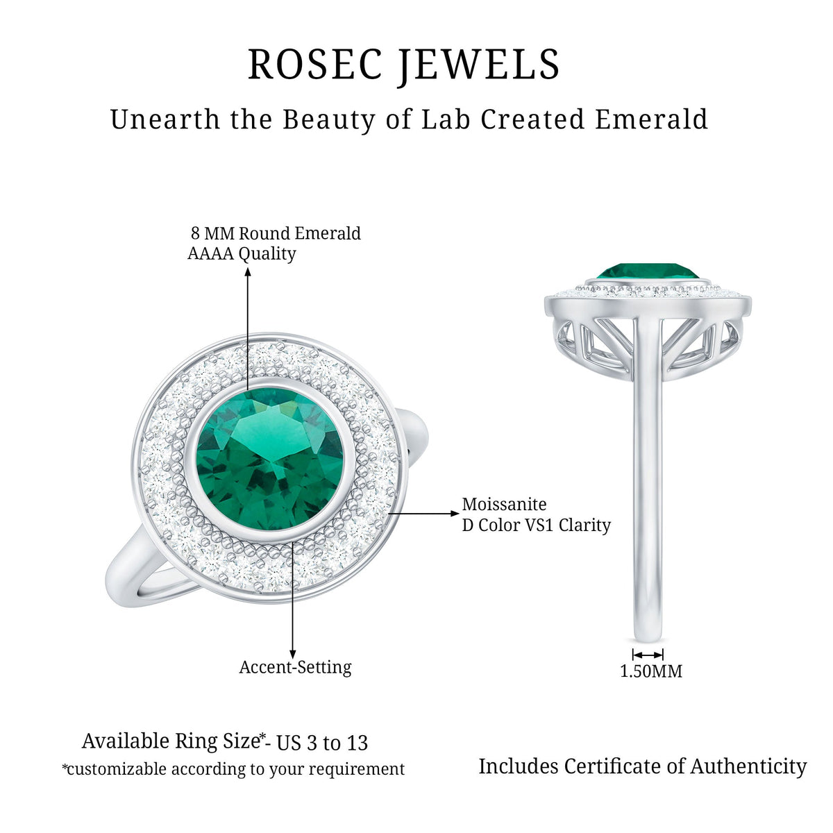 Vintage Looking 2 Carat Lab Grown Emerald Engagement Ring with Halo