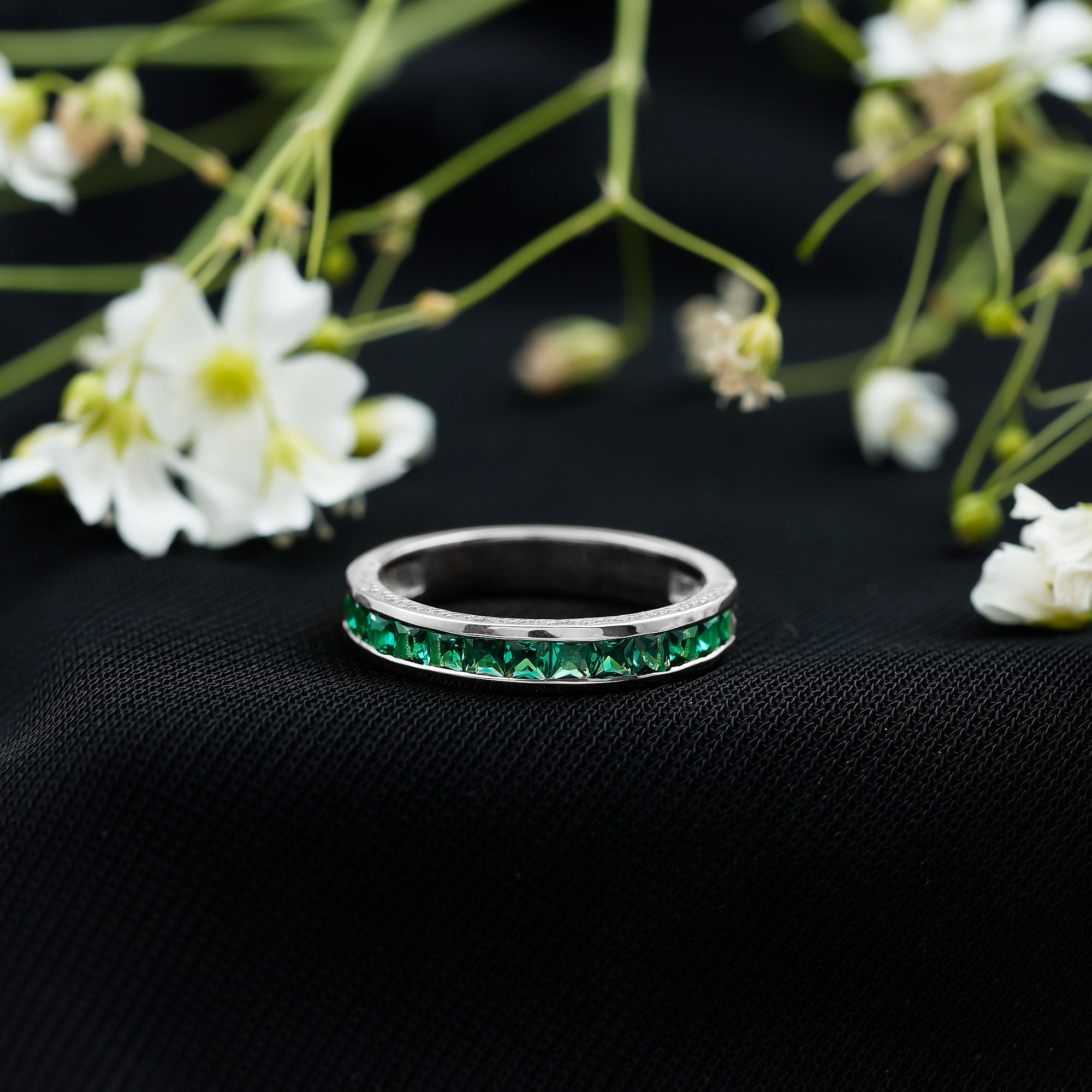 Certified Princess Cut Lab Grown Emerald Eternity Ring