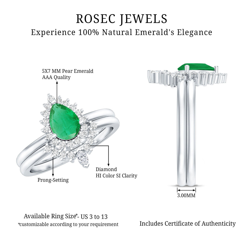 Natural Emerald Diamond Pear Shape Engagement Ring and Wedding Band Set