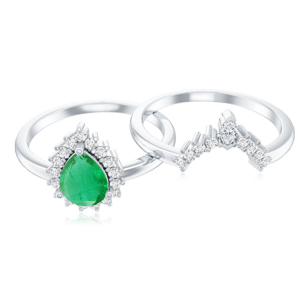 Natural Emerald Diamond Pear Shape Engagement Ring and Wedding Band Set