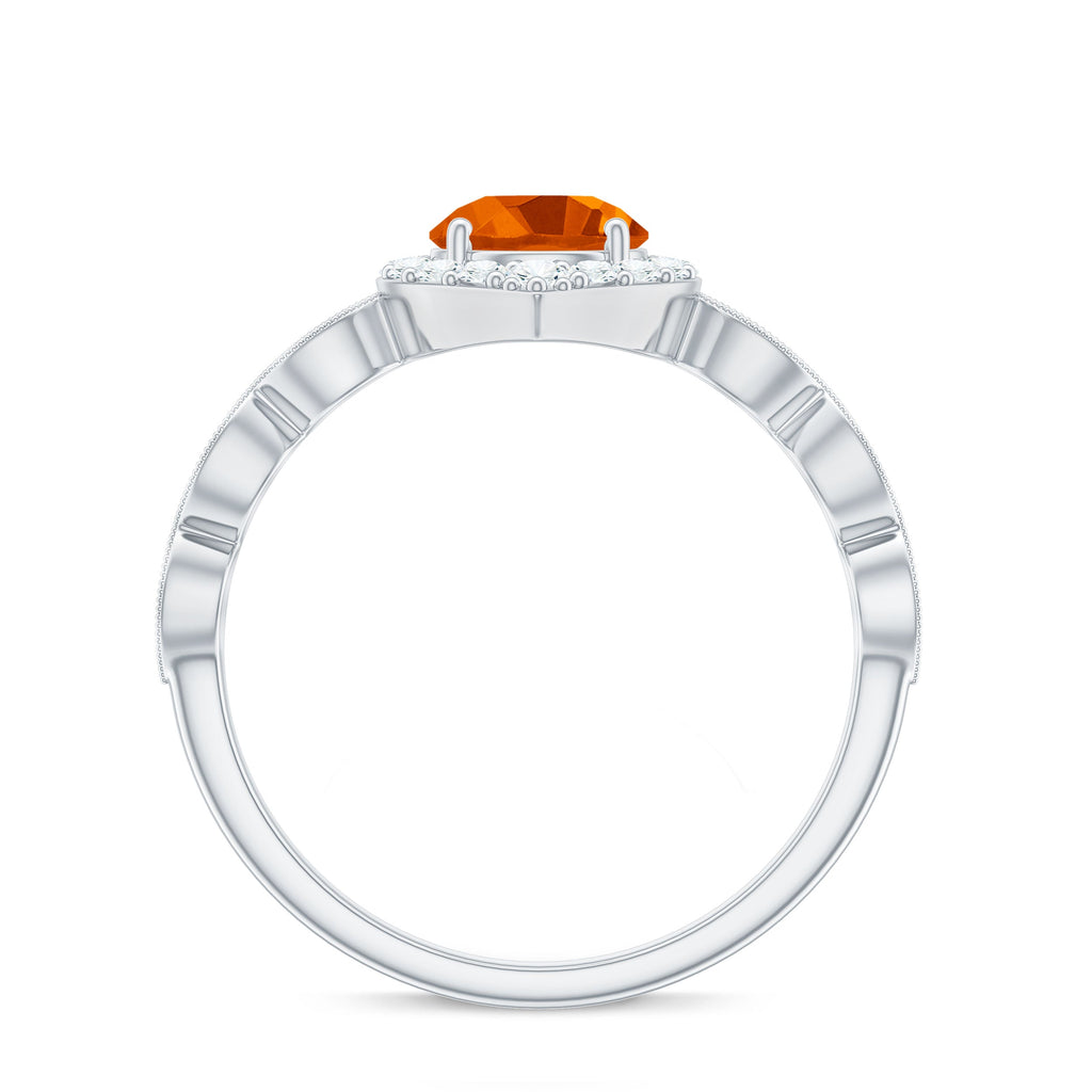 Vintage Style Fire Opal Engagement Ring with Diamond Accent