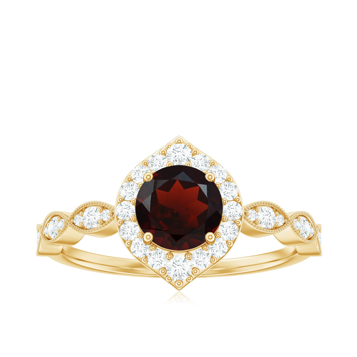 Vintage Looking Garnet Engagement Ring with Diamond Halo