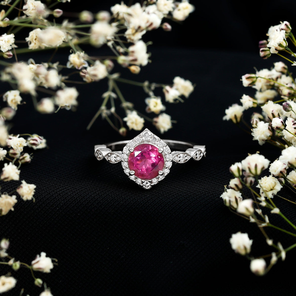 Genuine Pink Tourmaline Vintage Engagement Ring with Diamond