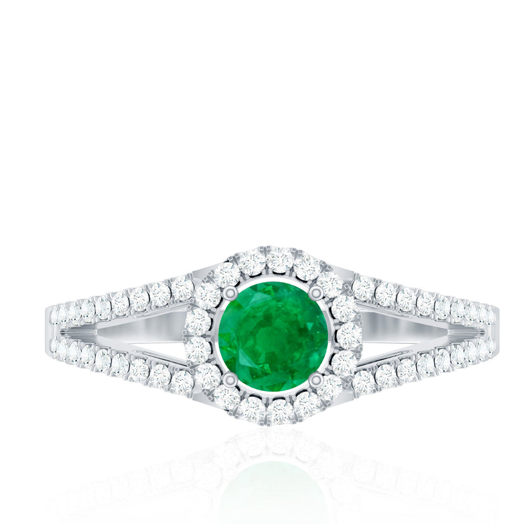 Classic Emerald Split Shank Engagement Ring with Diamond Halo