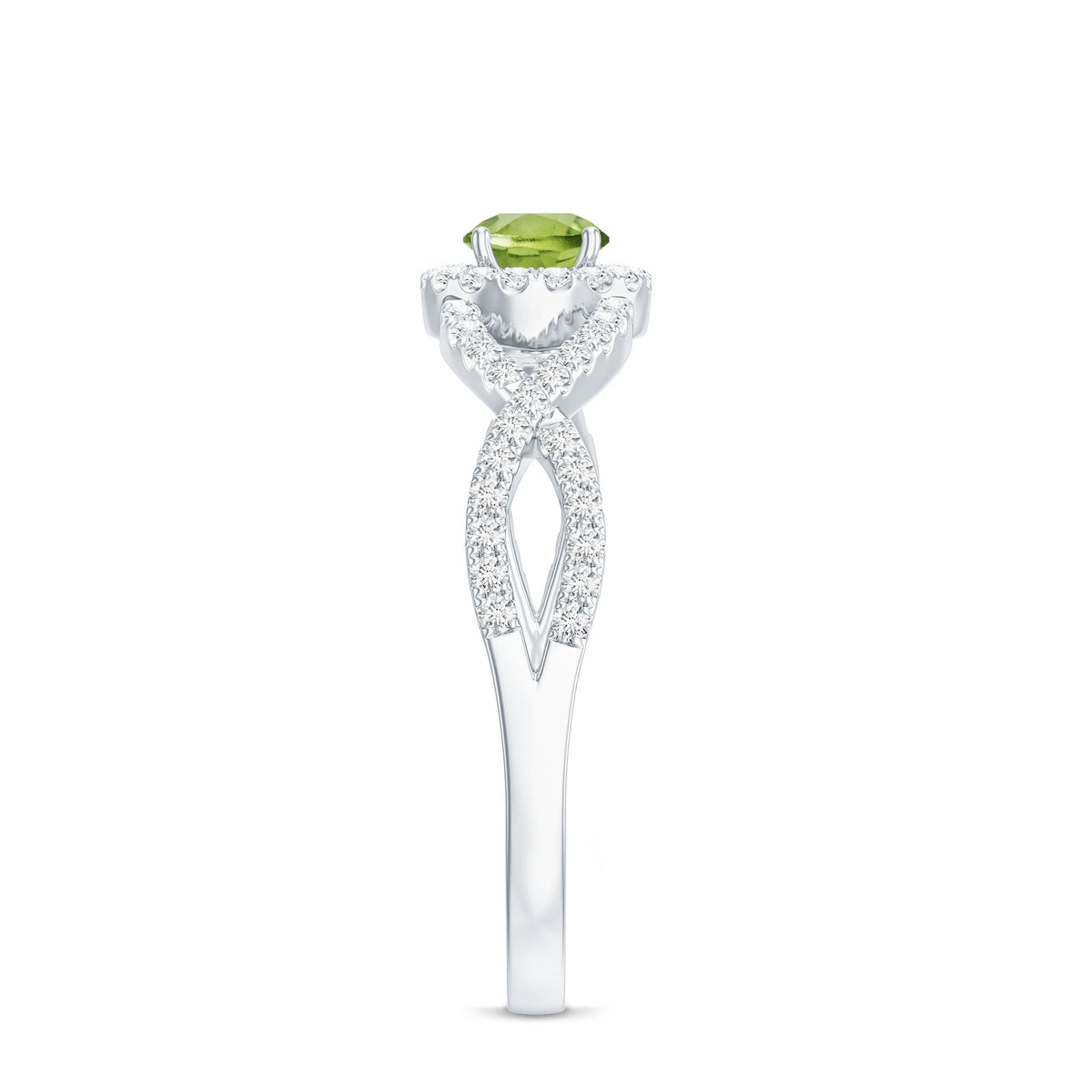 Natural 0.5 Carat Peridot Engagement Ring with Diamond Criss Cross Shank