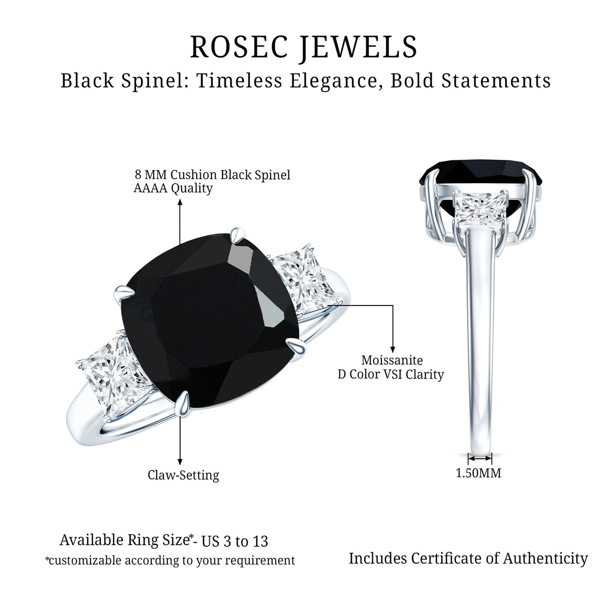Cushion Cut Black Spinel Solitaire Engagement Ring with Moissanite