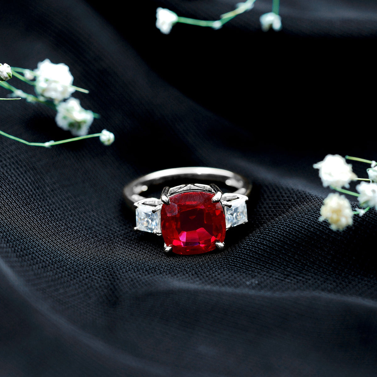 Lab Created Ruby Cushion Engagement Ring with Moissanite
