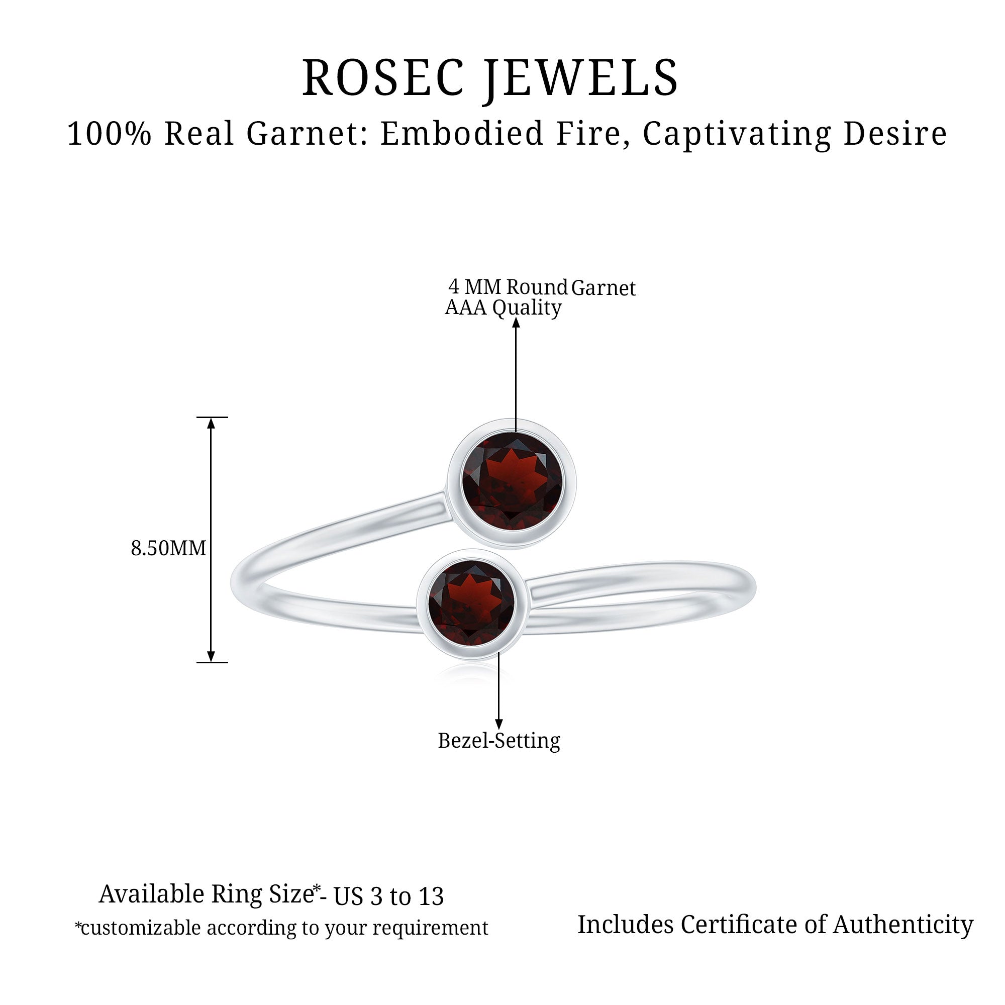 Natural Garnet 2 Stone Promise Ring with Bypass Shank