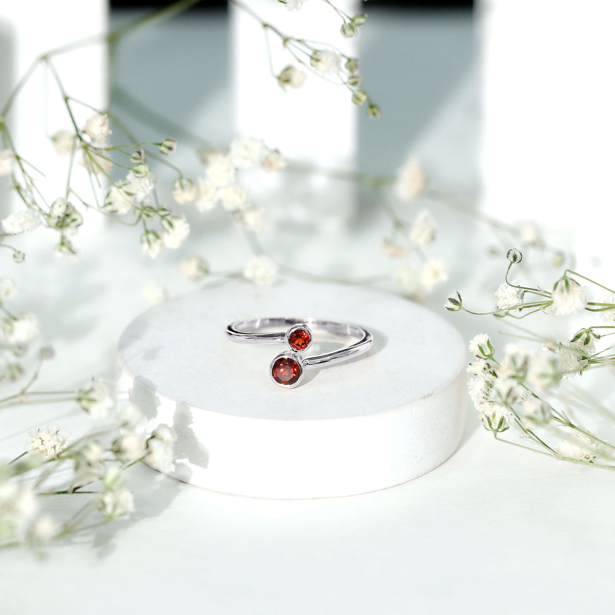 Natural Garnet 2 Stone Promise Ring with Bypass Shank