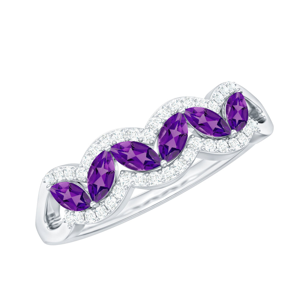 Real Marquise Amethyst Half Eternity Band Ring with Diamond