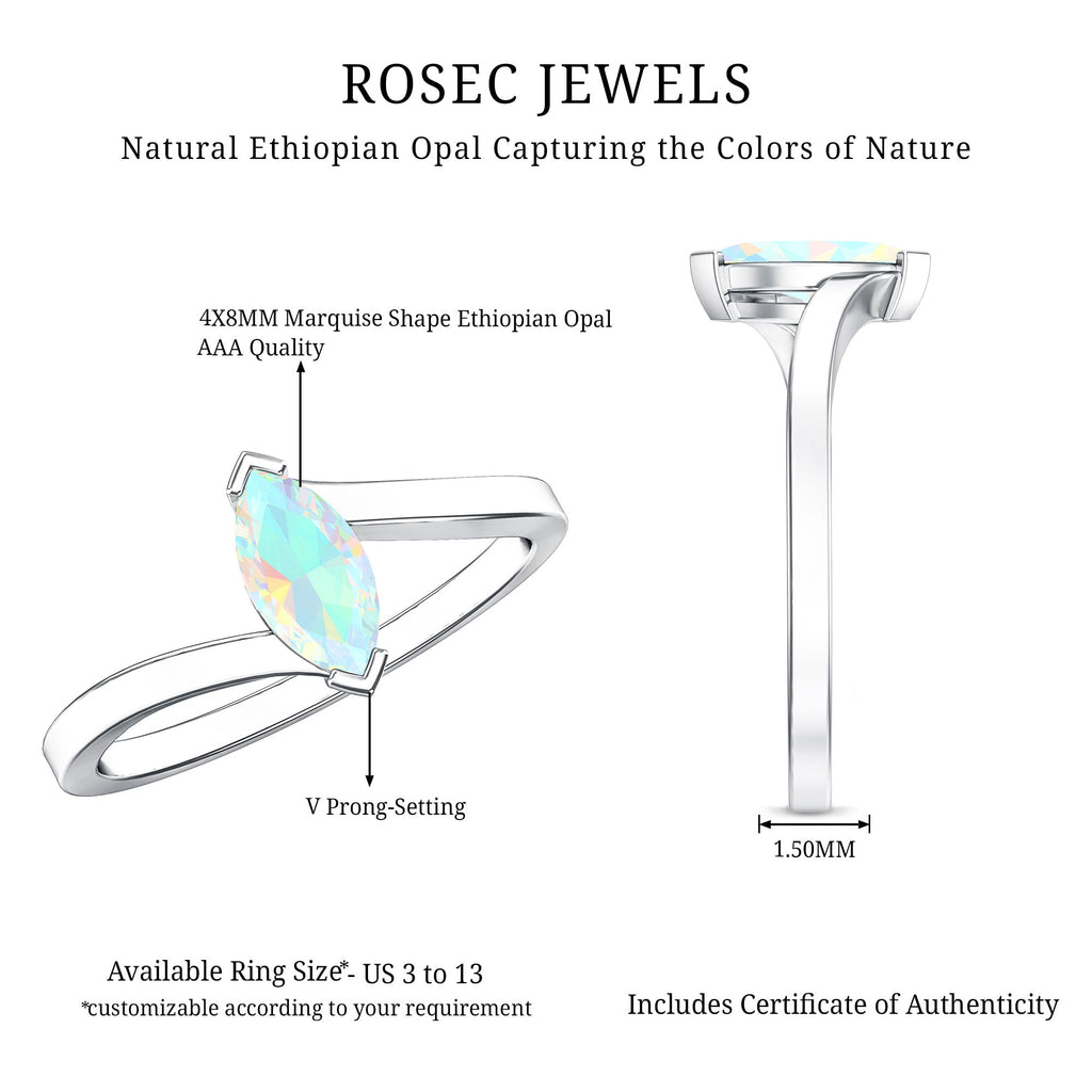 Natural Marquise Ethiopian Rainbow Opal Promise Ring with Bypass Shank