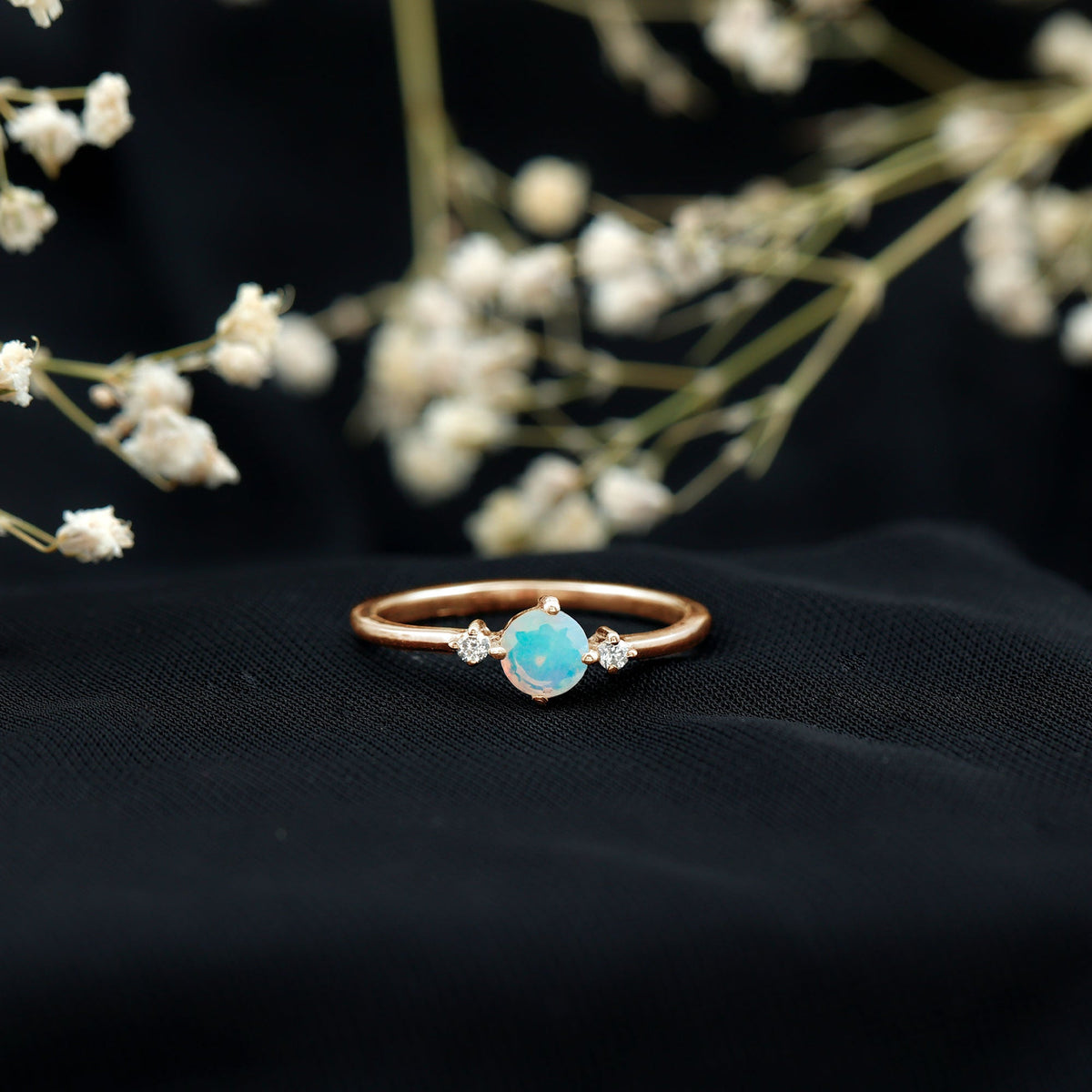 Natural Ethiopian Rainbow Opal Promise Ring with Diamond