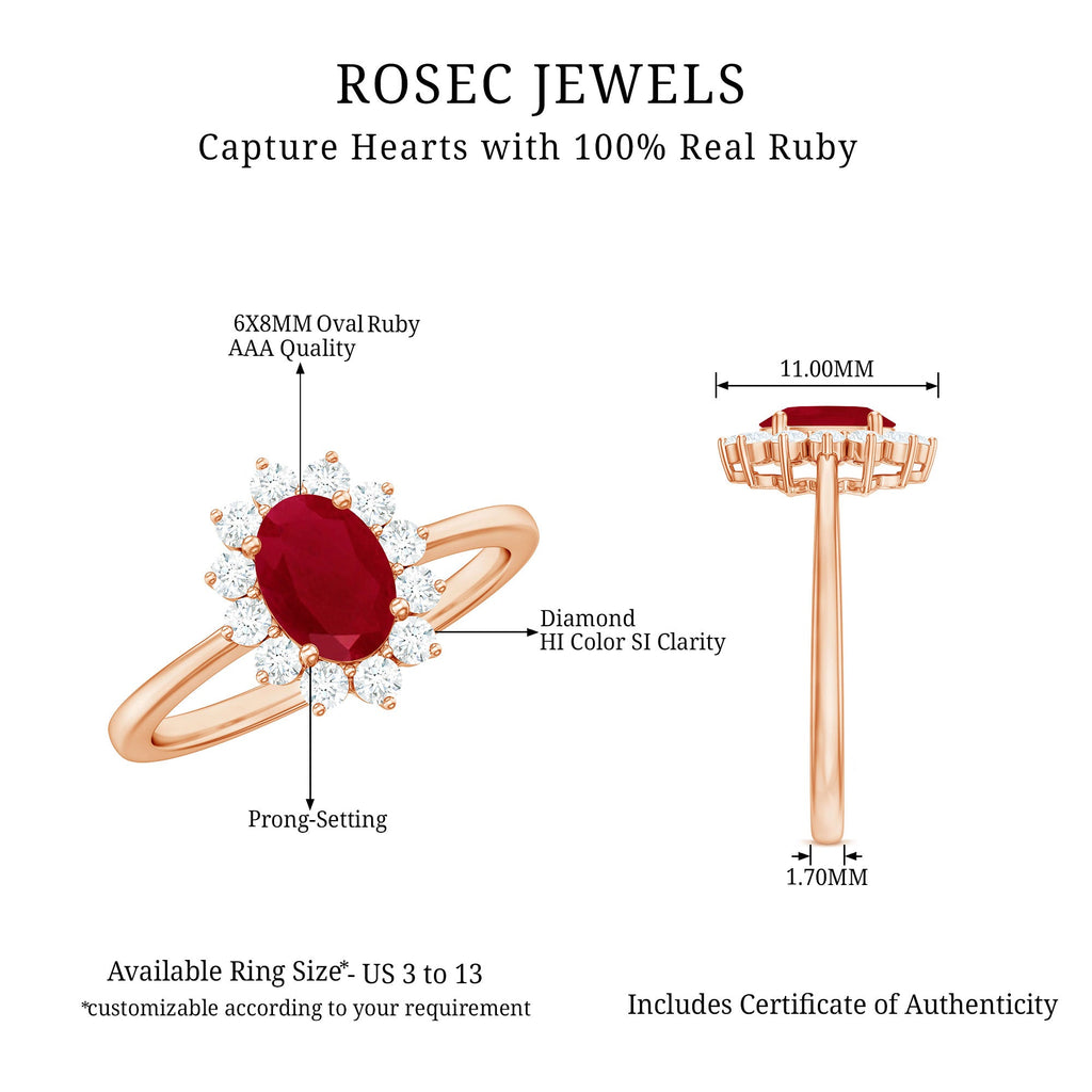 Natural 0.6 Carat Oval Ruby Engagement Ring with Diamond Halo