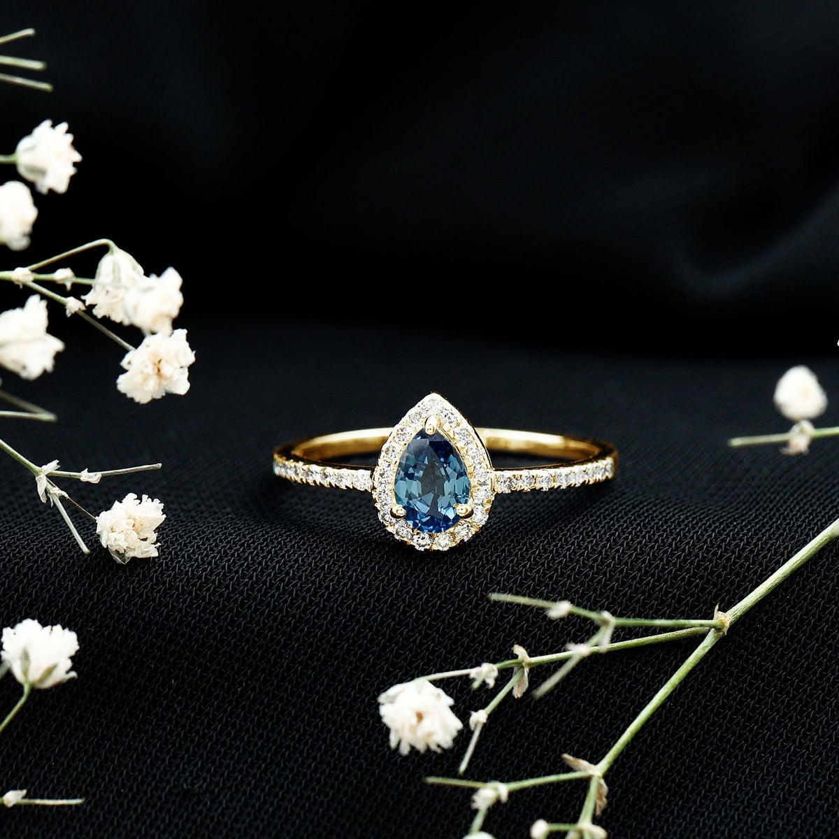 Natural Half Carat Blue Sapphire Teardrop Engagement Ring with Diamond Halo