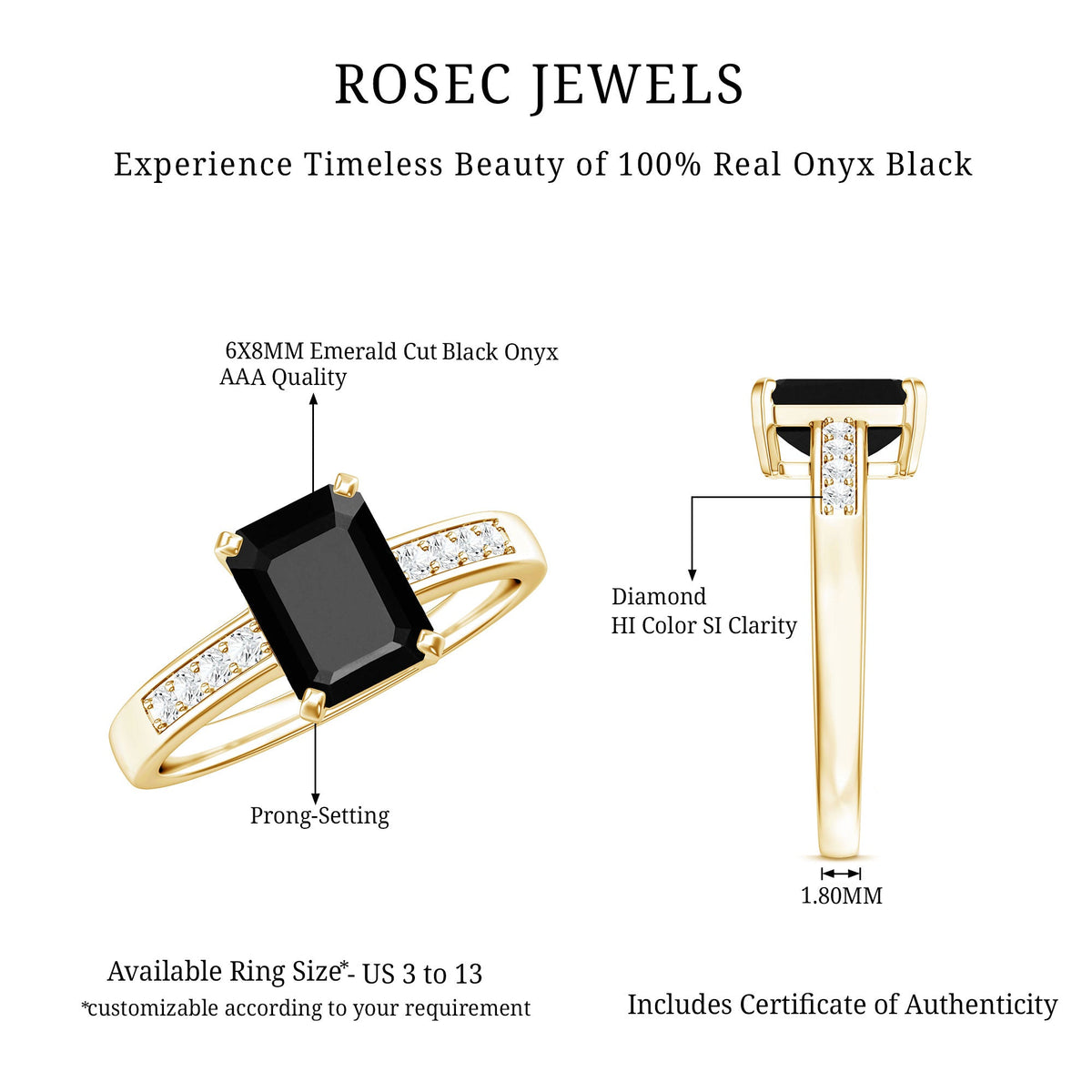 1.8 Carat Emerald Cut Black Onyx Engagement Ring with Diamond
