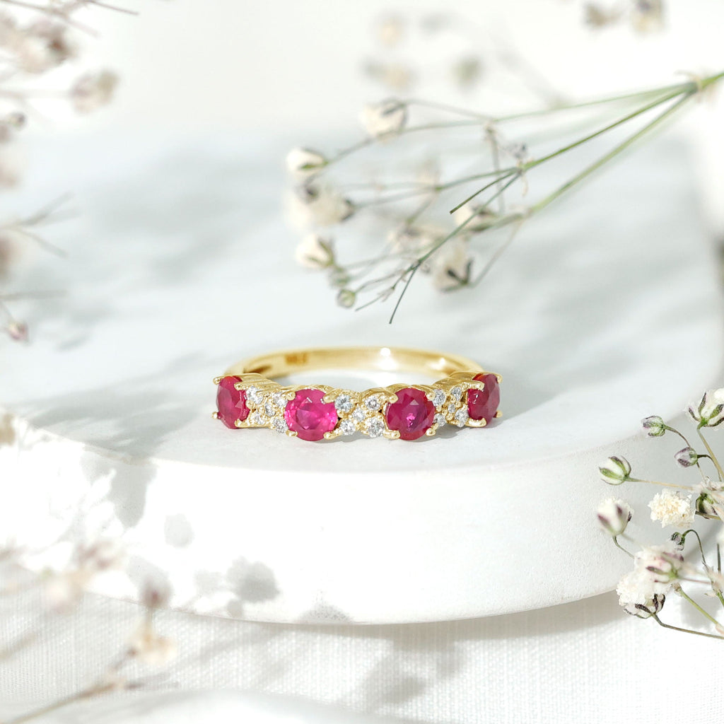 Natural Ruby Half Eternity Anniversary Band Ring with Diamond