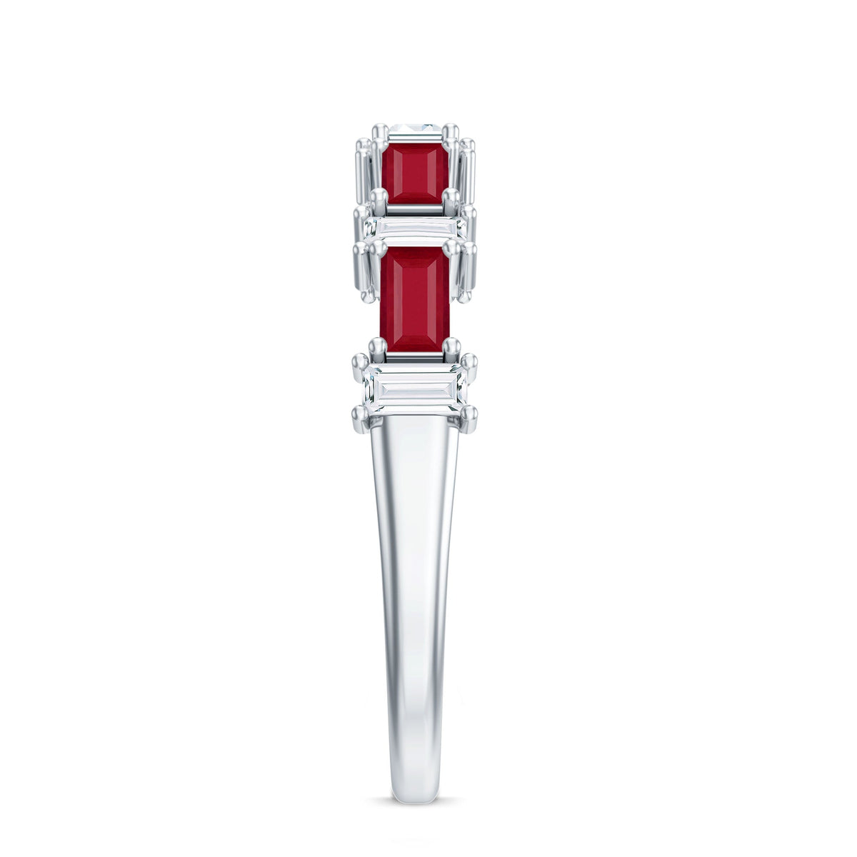 Baguette Cut Ruby Half Eternity Ring with Diamond Accent