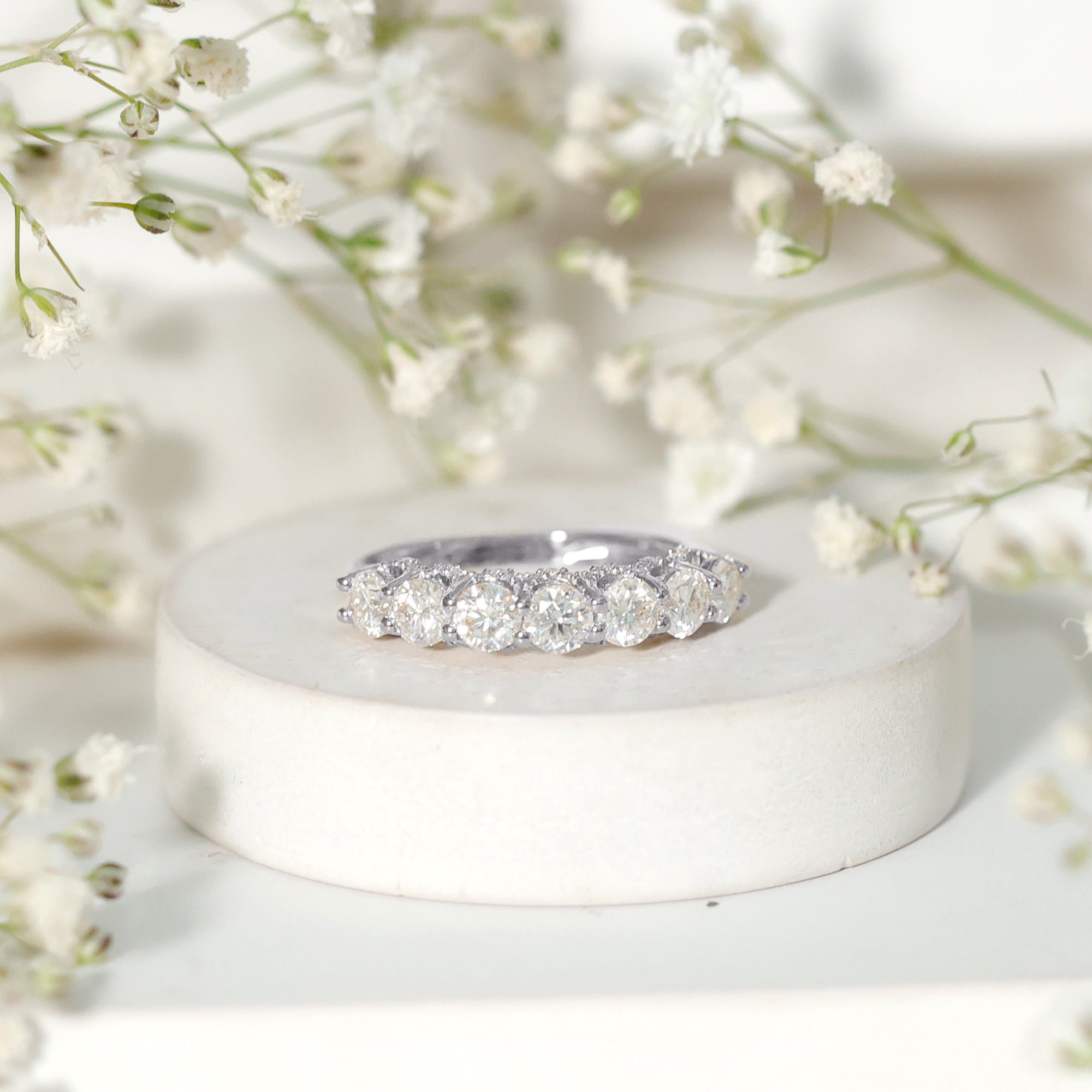 Shared Prong Set Round Moissanite Designer Wedding Band