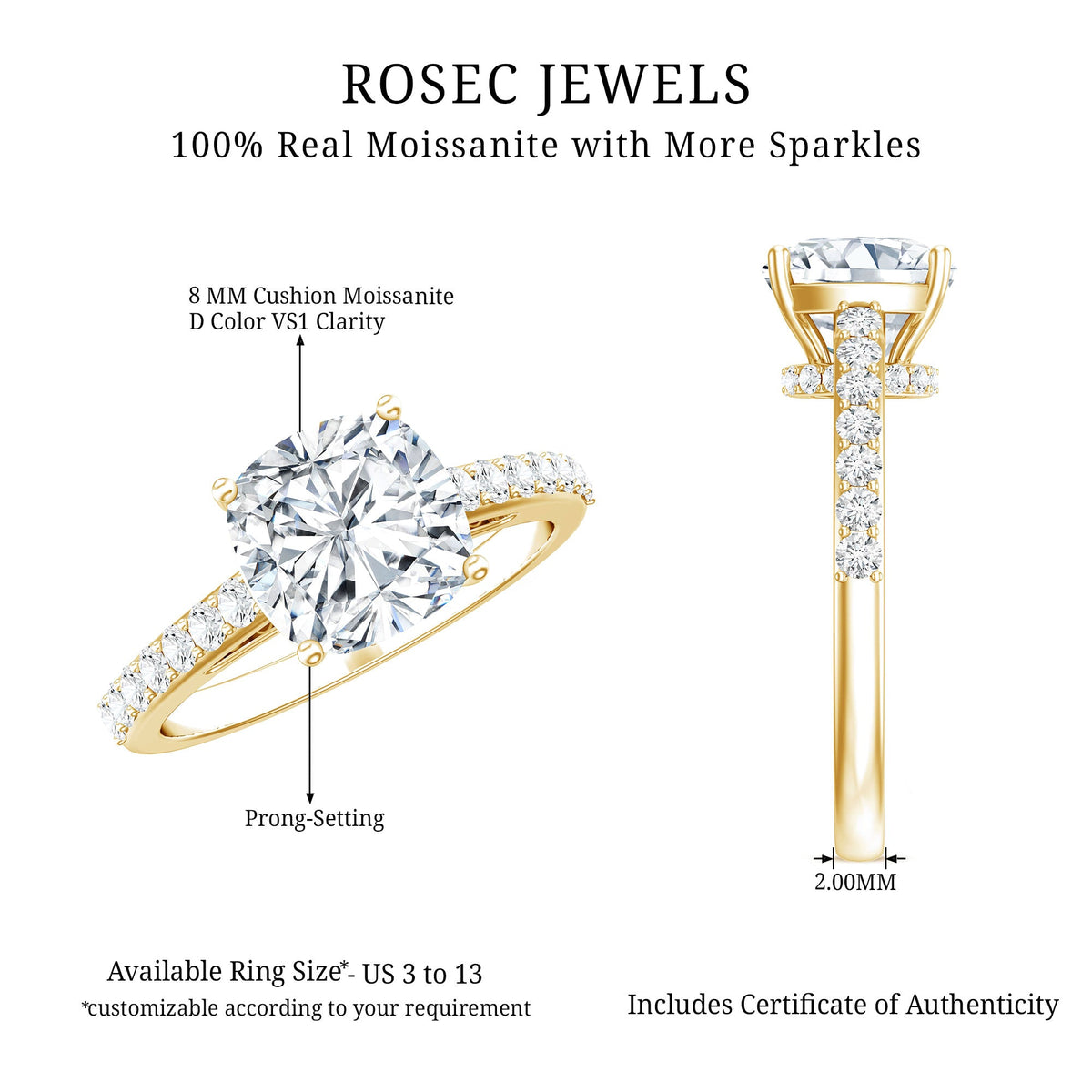 3 CT Cushion Cut Moissanite Solitaire Engagement Ring