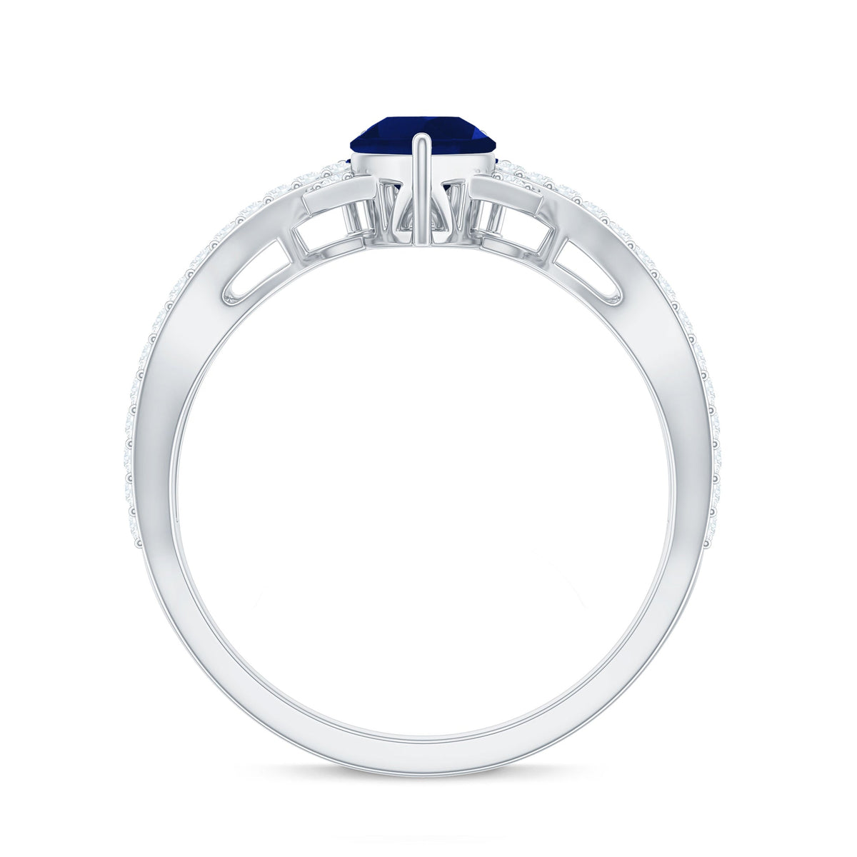 Real 0.5 Blue Sapphire Pear Shape Engagement Ring with Diamond Crossover