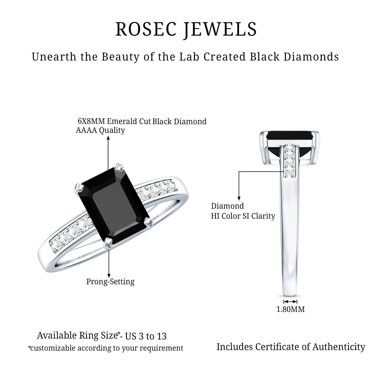 1.6 Carat Emerald Cut Lab Grown Black Diamond Solitaire Engagement Ring with White Diamond