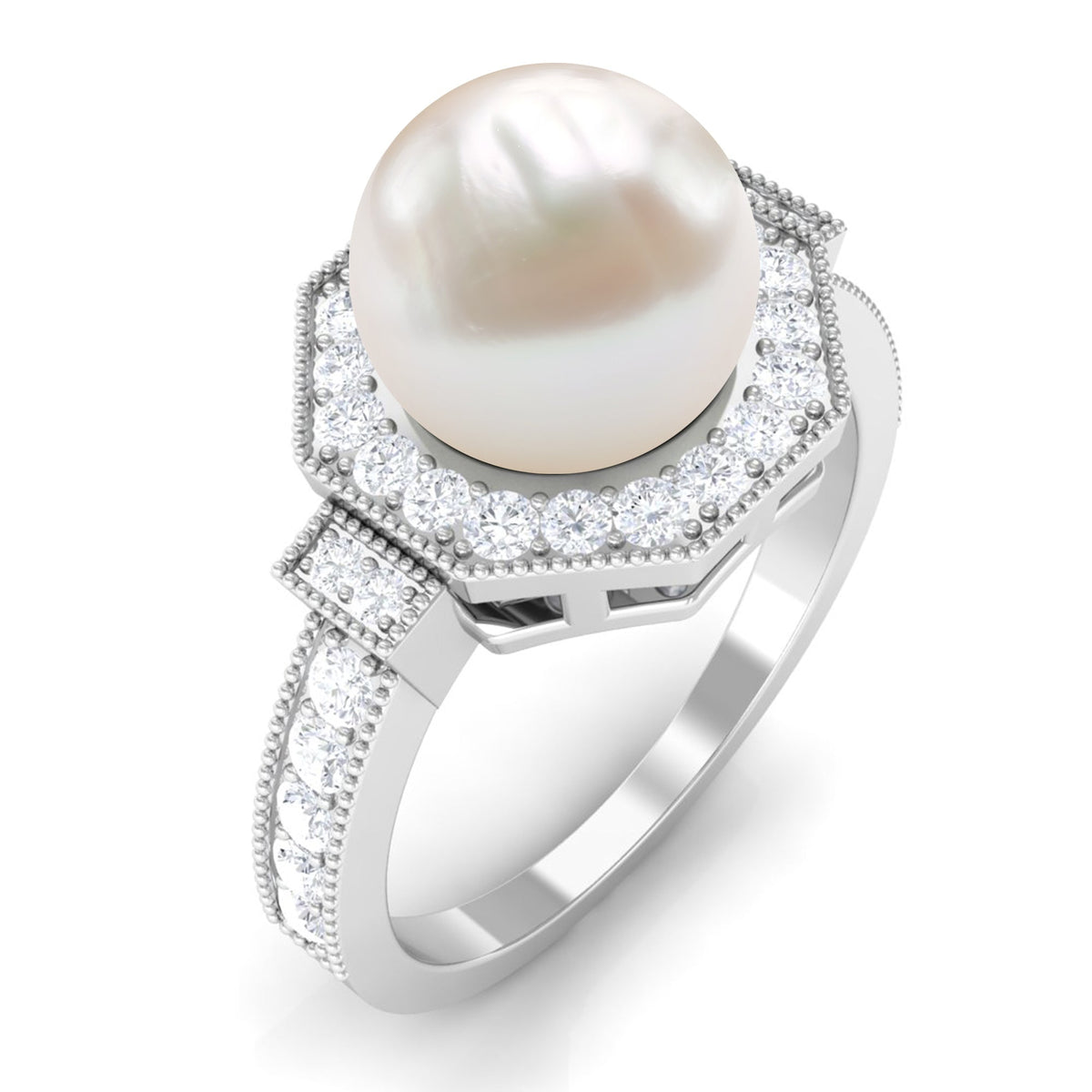 Art Deco Inspired 7.4 Carat Freshwater Pearl Engagement Ring with Diamond Halo