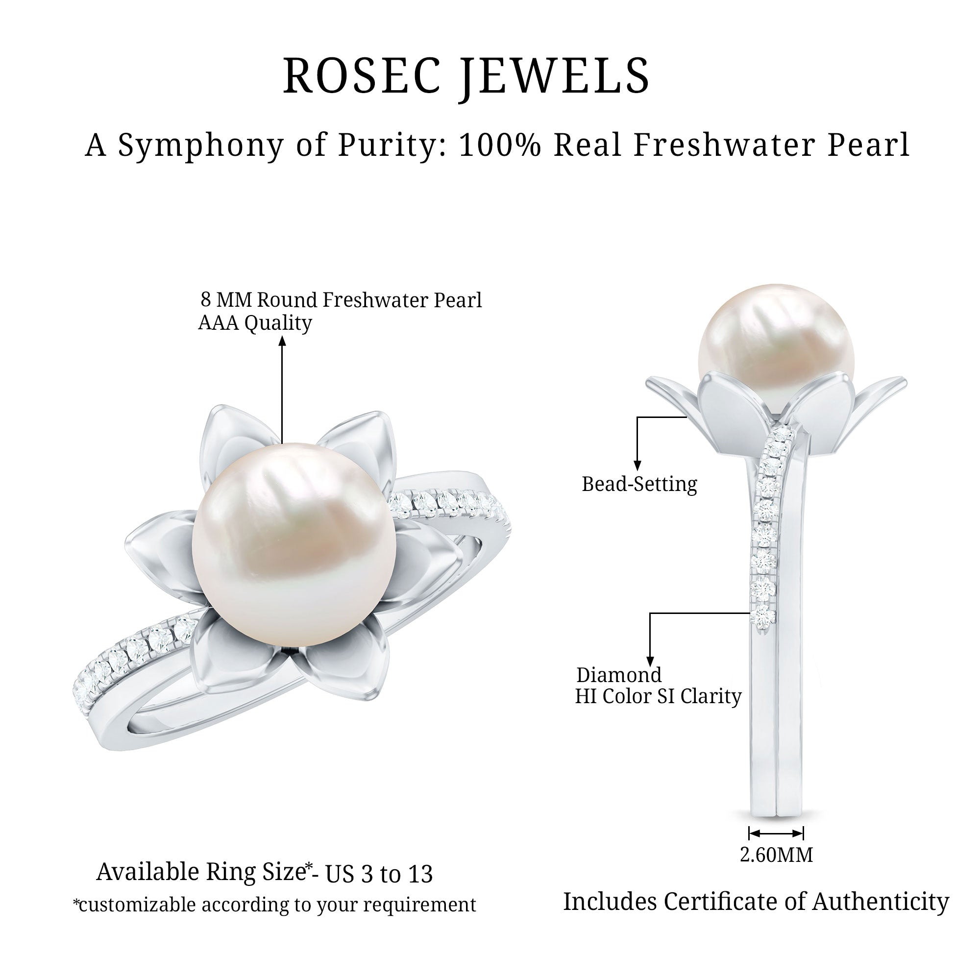 Natural 7.48 Carat White Pearl Flower Engagement Ring with Diamond