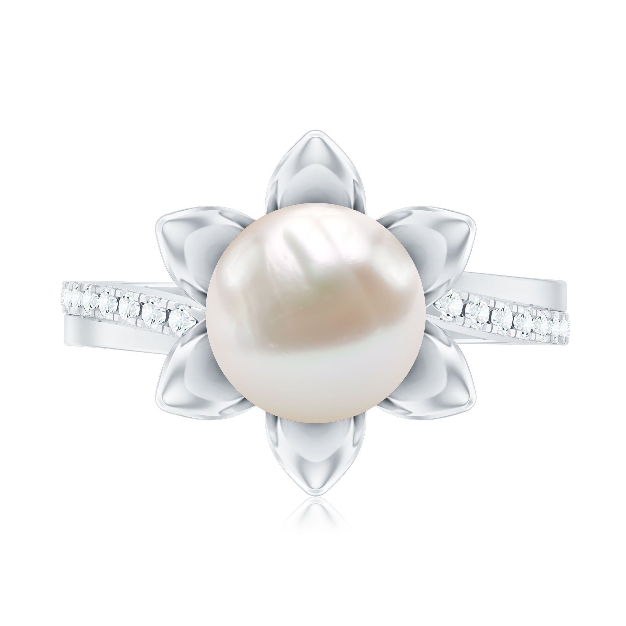 Natural 7.48 Carat White Pearl Flower Engagement Ring with Diamond
