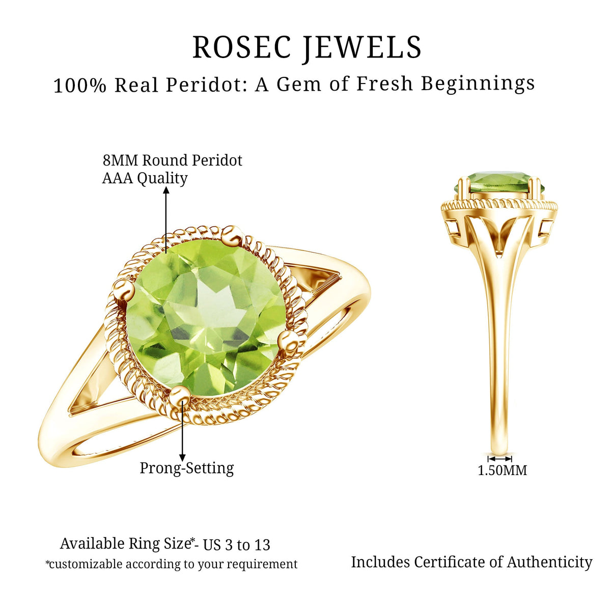 Natural 2 Carat Peridot Solitaire Engagement Ring with Split Shank