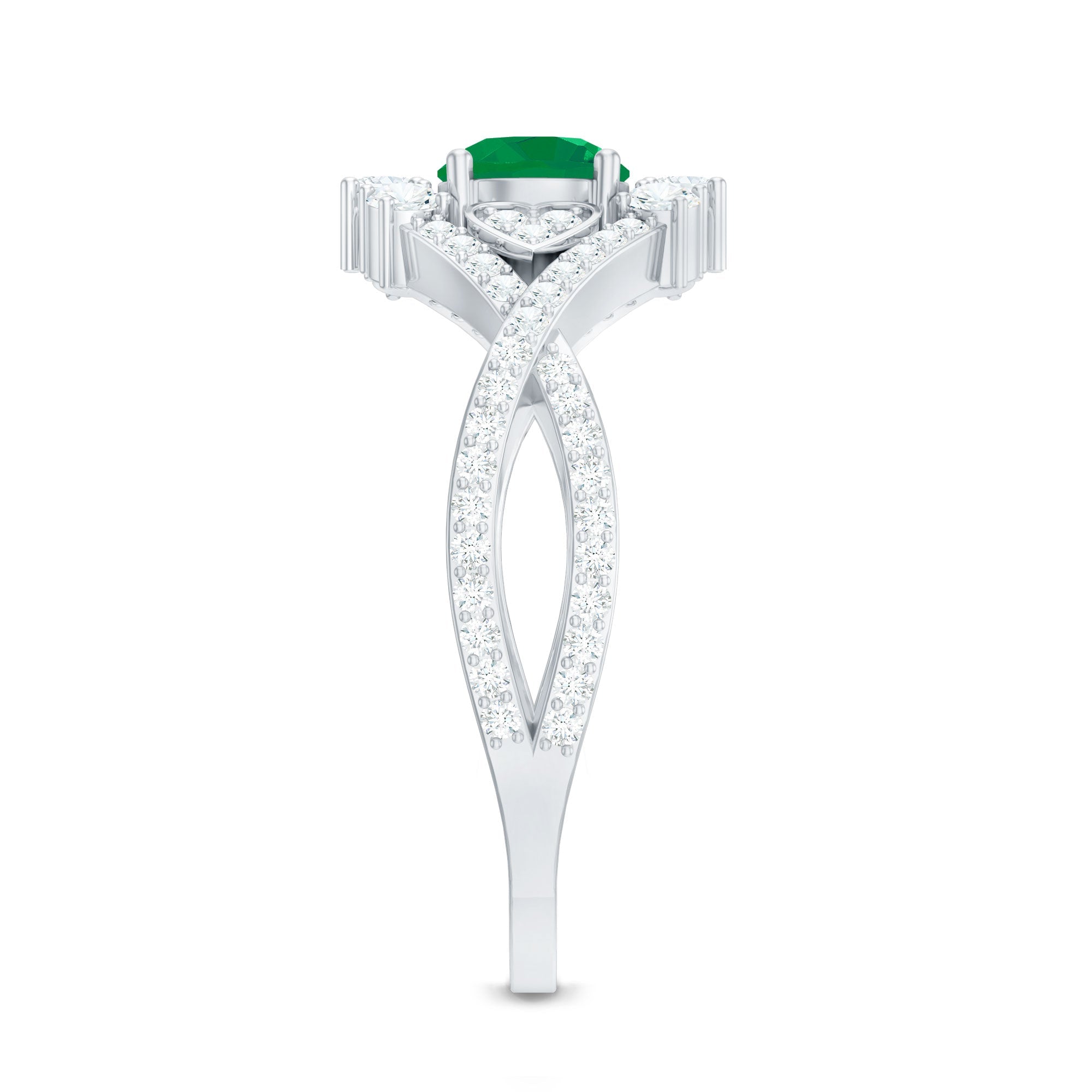 Natural Emerald Diamond Antique Style Engagement Ring with Crossover Shank