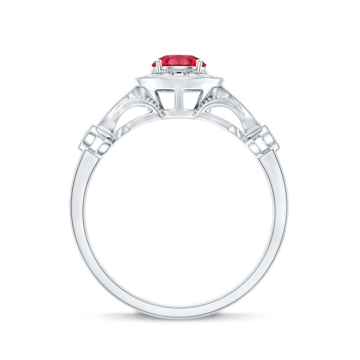 Antique Inspired Lab Created Ruby and Diamond Engagement Ring
