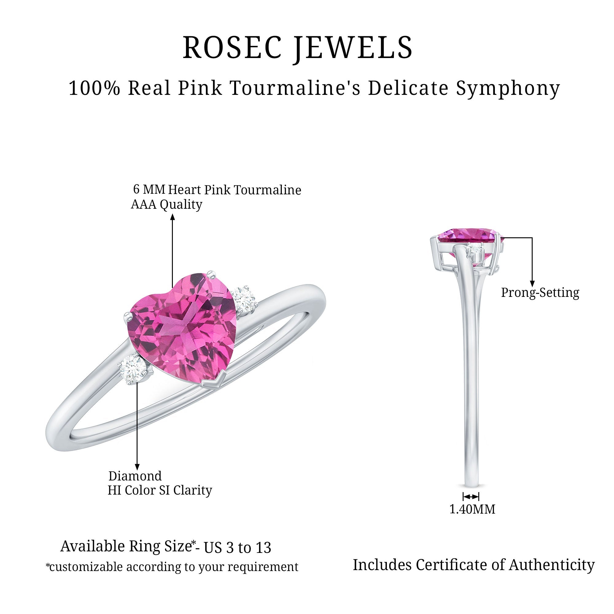 0.9 Carat Heart Shape Pink Tourmaline Solitaire Promise Ring with Diamond