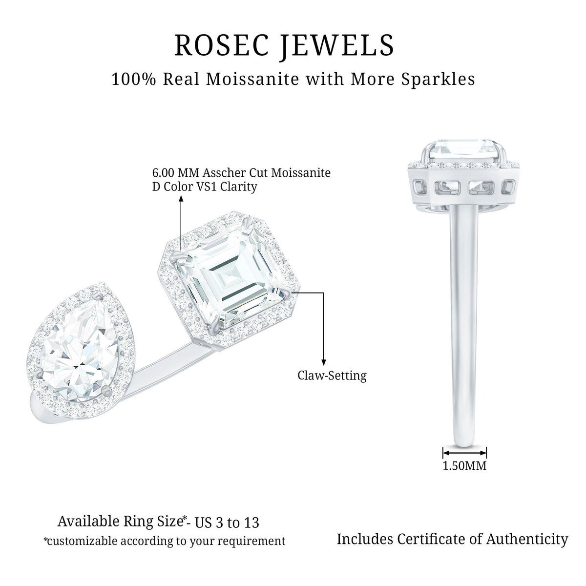 Asscher and Pear Cut Moissanite Two Stone Engagement Ring